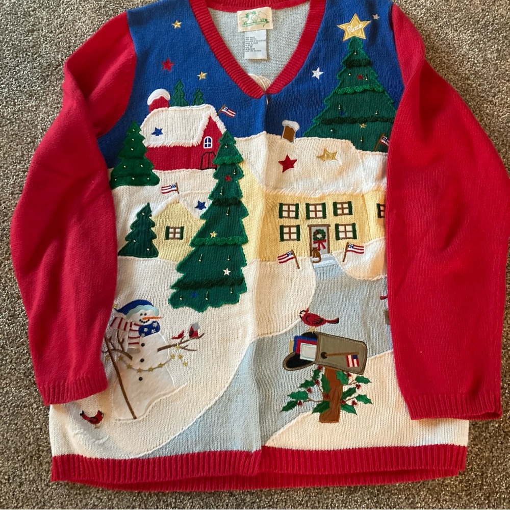 Quacker Factory Christmas Sweater Women’s Sz M Red Cardigan Both Sides Decorated